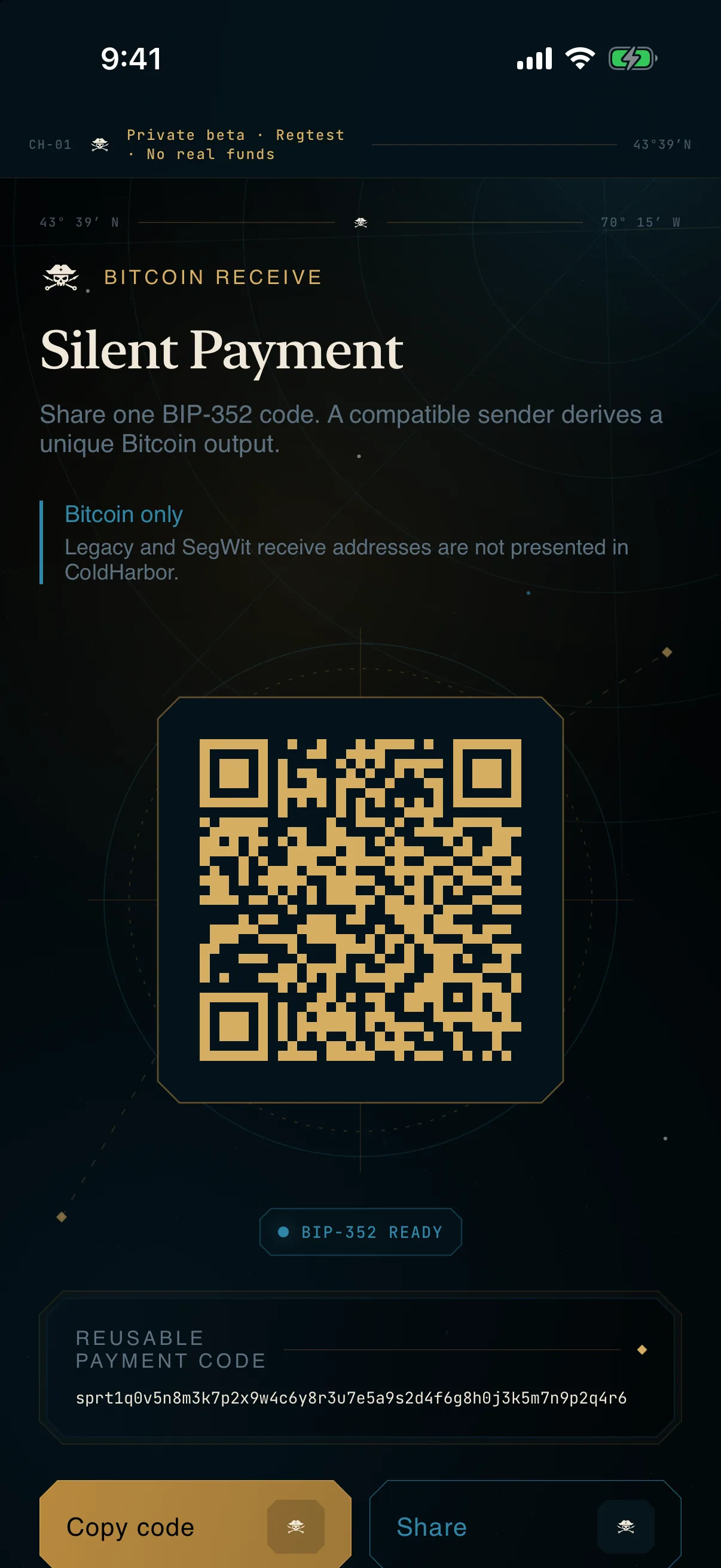 ColdHarbor Bitcoin Silent Payment receive screen