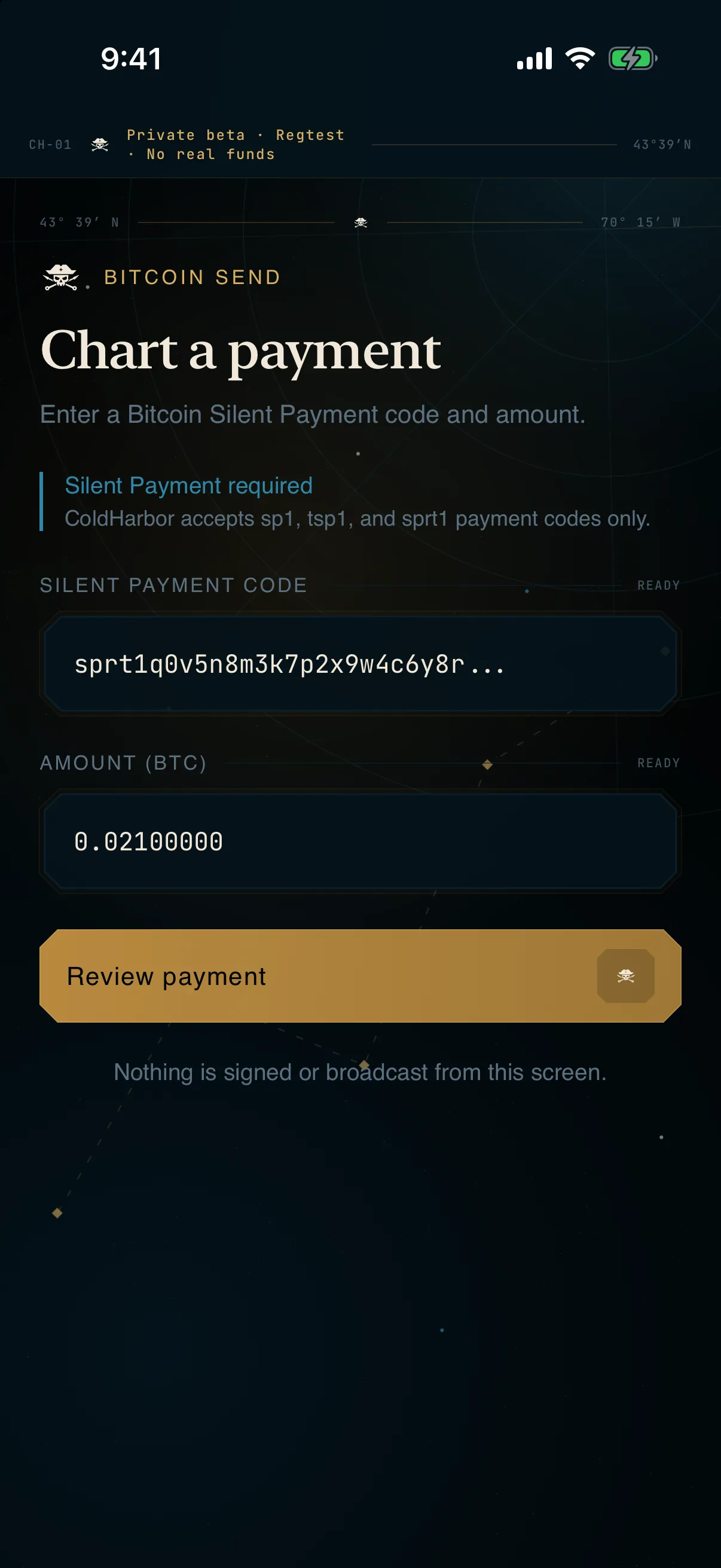 ColdHarbor Bitcoin Silent Payment send screen