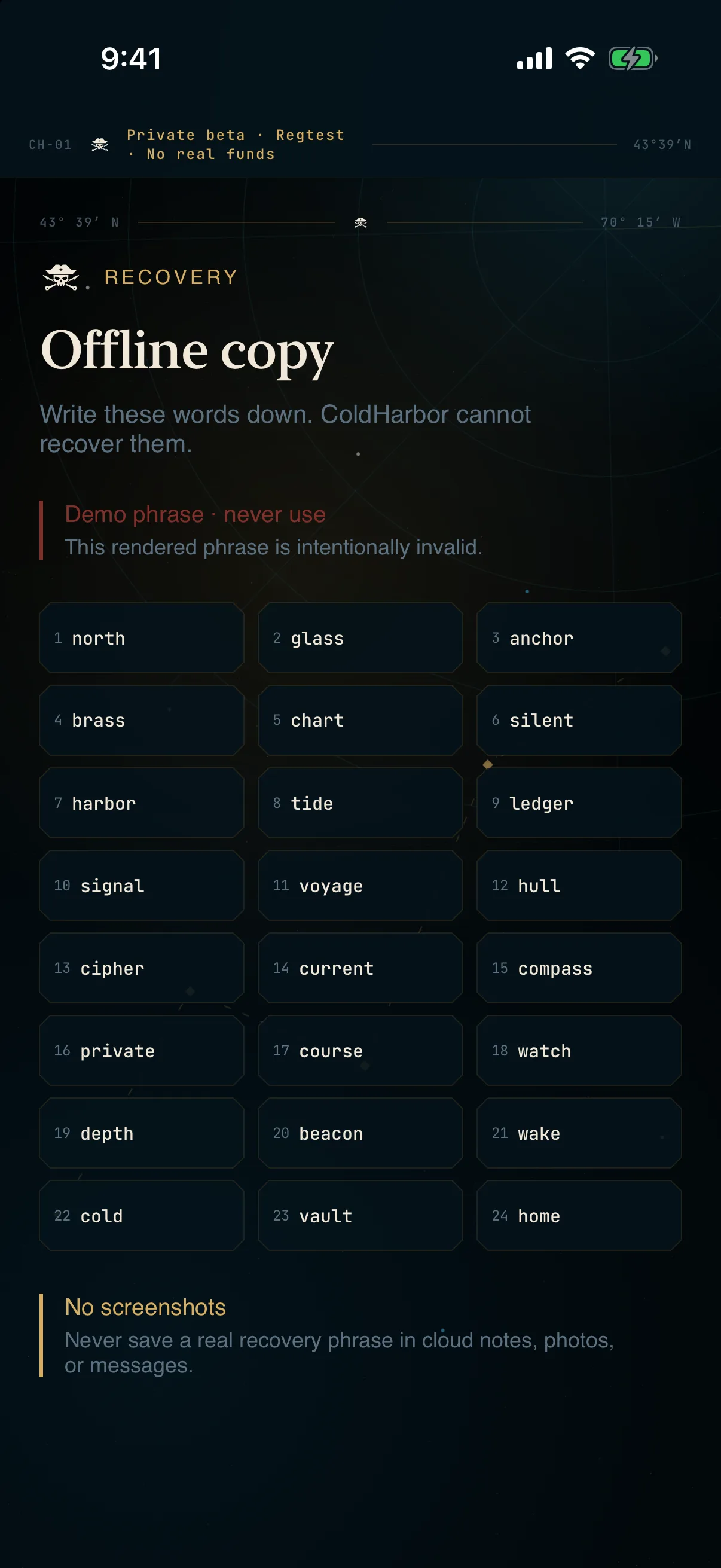 ColdHarbor recovery phrase reveal screen